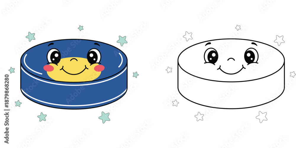Fototapeta Cartoon Hockey Puck Character with Smiling Face and Stars, Includes Colored and Line Art Outline Versions for Kids Activity and Coloring Page Vector Illustration