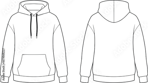 Technical flat sketch of hooded sweatshirt, front and back views with kangaroo pocket and drawstring hood