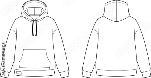 Technical flat sketch of hooded sweatshirt, front and back views with kangaroo pocket, drawstring hood, and label