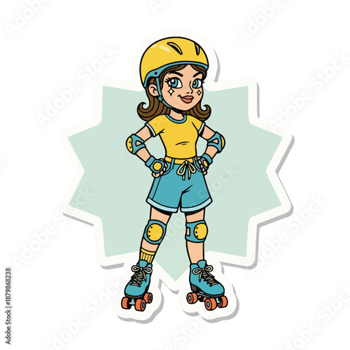 A cartoon illustration of a smiling young girl wearing roller skates and protective gear standing confidently in front of a green star shape.