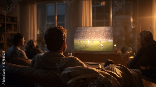 Friends watching soccer game on TV at night in cozy living room