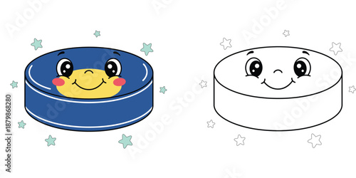 Photography Cartoon Hockey Puck Character with Smiling Face and Stars, Includes Colored and