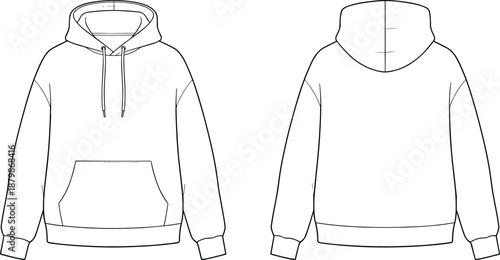 Technical flat sketch of hooded sweatshirt, front and back views with kangaroo pocket and drawstrings