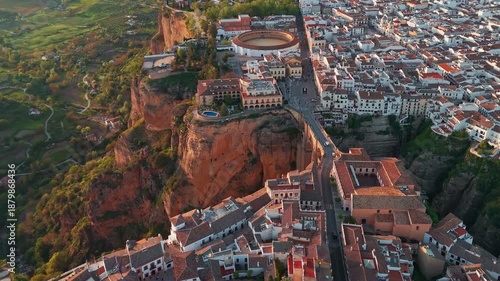 Aerial view of the Ronda medieval town at sunrise, Andalusia, Spain