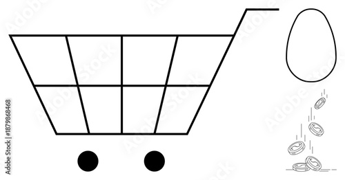 Financial planning, budget management, savings, shopping, economy, expense tracking. Image of a cart, egg and coins. Financial planning and budget management concept