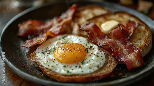 A close-up shot depicts a breakfast scene on a dark-colored plate - professional stock photography with high resolution detail featuring premium quality with professional composition - stock content