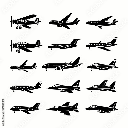 [Vector EPS]Collection of various black airplane silhouettes showing different types of aircraft