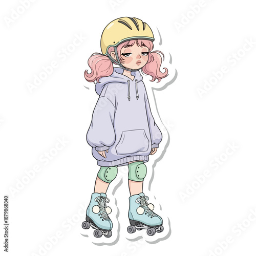 Full-body illustration of a cheerful young girl wearing a yellow helmet, purple hoodie, green knee pads, and blue rollerblades on a clean white background with a playful and carefree mood.