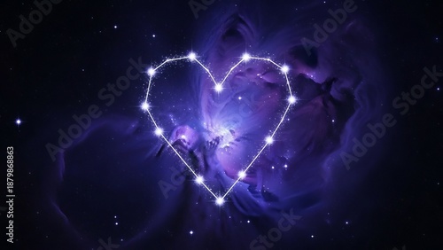 A constellation of stars forming a heart shape against a dark, starry night sky with swirling purple clouds and a central radiant light