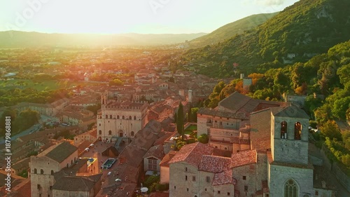 Aerial view of historic Gubbio town at sunset in Umbria, Italy