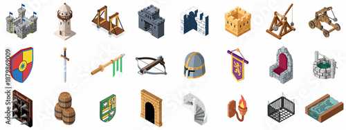 Isometric Medieval Castle and Warfare Icon Set: Includes Fortifications, Weapons, Siege Engines, Armor, and Historical Elements on White Background.