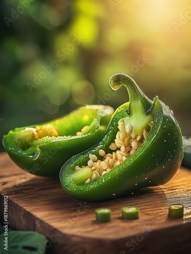 The image features a close-up view of two halves of a freshly cut jalapeno pepper resting on a wooden cutting board - professional stock photography with high resolution detail and vibrant colors