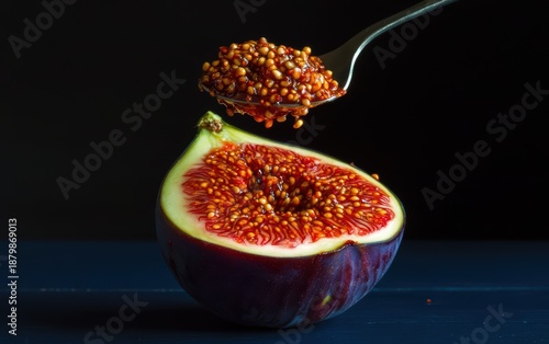 A halved fig with vibrant red flesh and yellow seeds rests on a dark blue surface - professional stock photography with high resolution detail featuring premium quality with professional composition