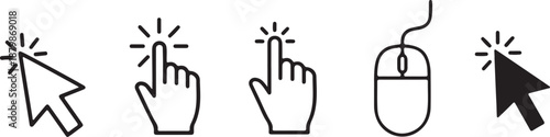 vector set of computer cursor and click icons, including mouse arrow pointers, hand clicking cursors and loading symbol eps