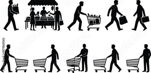 Shopping activity icon set, 10 black vector illustrations of people with carts, bags, and market stalls