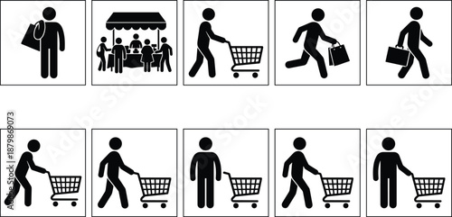 Shopping activity icon set, 10 black vector pictograms of people with carts, bags, and market stalls