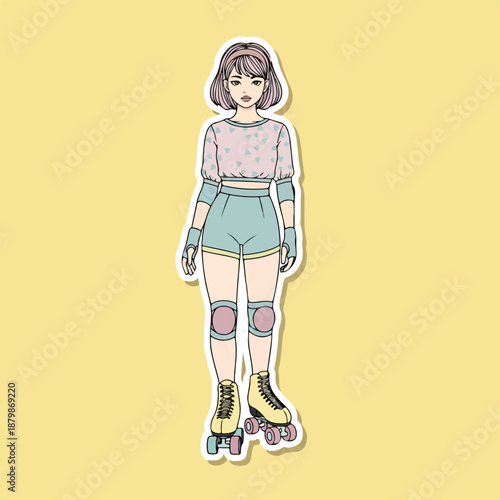 Full-body illustration of a young woman wearing roller skates and protective gear on a solid yellow background.