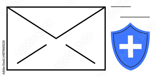 Cybersecurity, email safety, secure communication, data privacy, spam protection, digital security. An envelope with a shield a plus sign. Cybersecurity and email safety concept