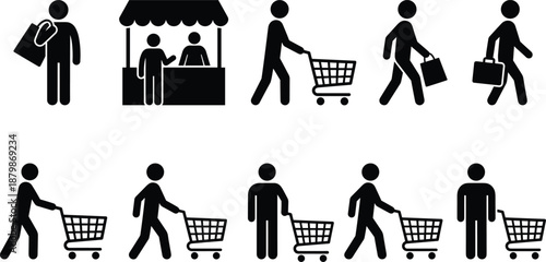 Shopping activity icon set, 10 black vector silhouettes of people with carts, bags, baskets, and market stalls