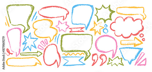 Set of colorful hand drawn speech bubbles and thought clouds. Crayon chalk outline talk bubble frame. Chat message balloon