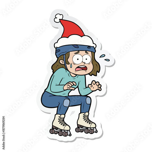 A cartoon woman wearing a Santa hat and roller skates appears worried and sweaty while crouching in a comical pose against a plain white background with a humorous and festive mood.