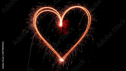 A vibrant heart shape created with sparklers on a dark background viewed from a straight-on perspective