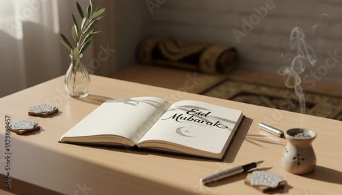 Peaceful Eid Scene with a Notebook Greeting and Traditional Treats