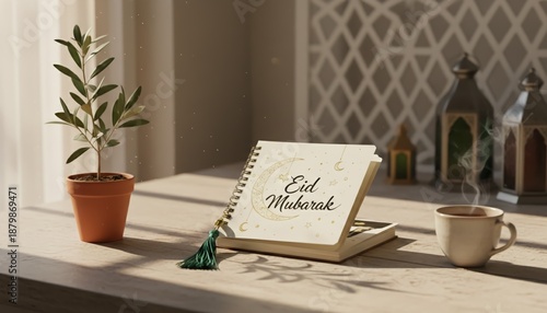 Peaceful Eid Mubarak Greeting on a Sunny Day with Coffee and Lanterns
