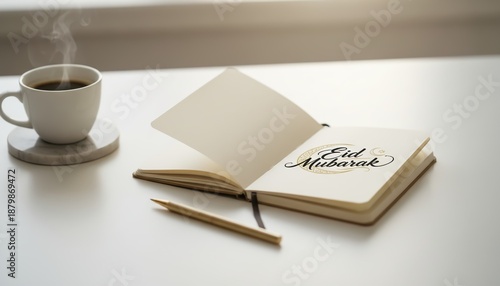 Steaming Coffee Mug and Open Notebook with Eid Mubarak Greeting