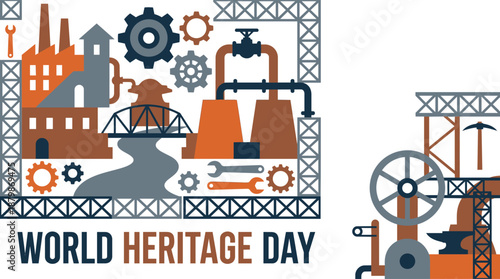 Industrial heritage scene with factory, bridge, and machinery