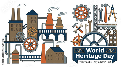 Industrial heritage scene with factory and tools for World Heritage Day