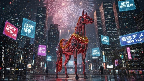 A large red horse sculpture stands in the city center surrounded by New Year celebration signs and fireworks at night