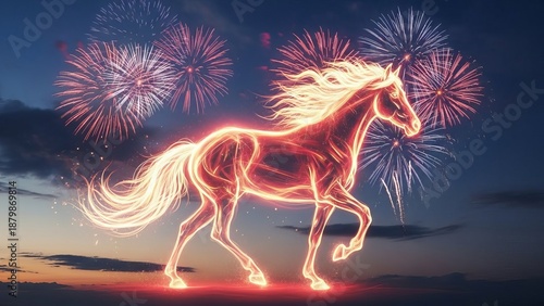 Glowing unicorn runs amidst vibrant fireworks at dusk under a starry night sky