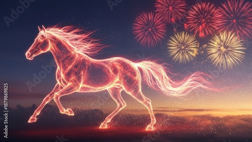 Glowing horse running with fireworks exploding in the evening sky illustration