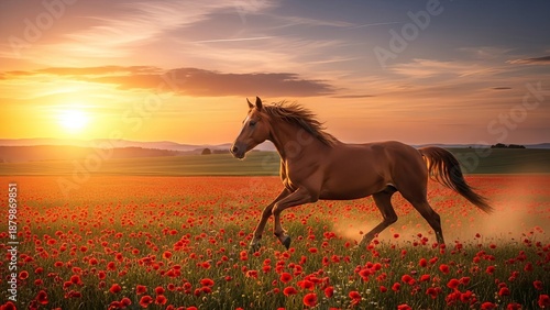 A majestic horse galloping freely through a vibrant field of red flowers at sunset with a breathtaking view