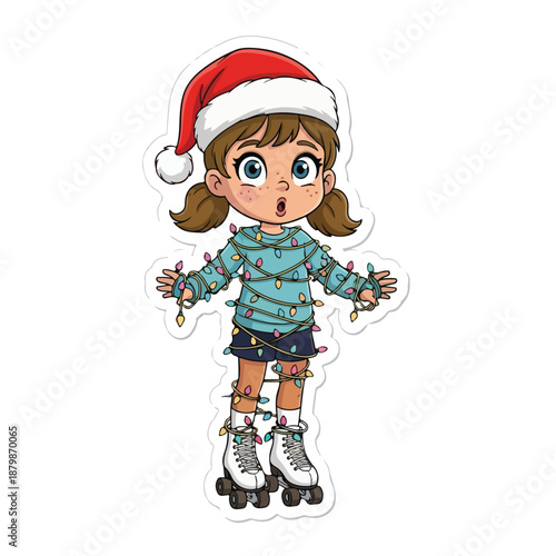 A cartoon girl wearing a Santa hat and roller skates with Christmas lights on her clothes and skates against a plain white background.