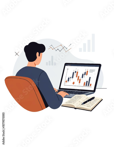 Focused Man Engaged in Online Financial Trading and Investment Analysis, Monitoring Stock Market Trends and Data Charts on Laptop Computer Screen