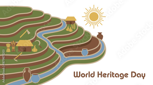 Vibrant illustration of terraced farmland on World Heritage Day