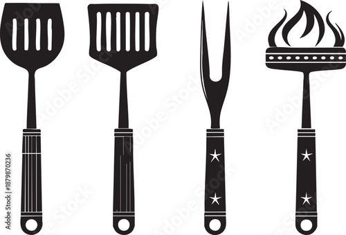 Black Vector Silhouette Set of BBQ Tools  Minimal Monochrome Grill Icons