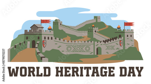 Historic stone fortification on green hill with flags on World Heritage Day