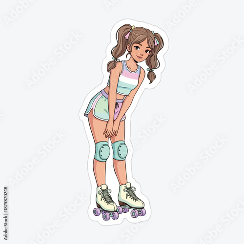Illustration of a young girl wearing roller skates and protective gear, posing with a playful expression on a plain white background.