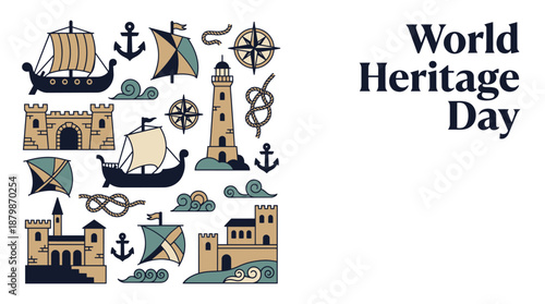 Vibrant World Heritage Day icons with ships, lighthouses, and castles