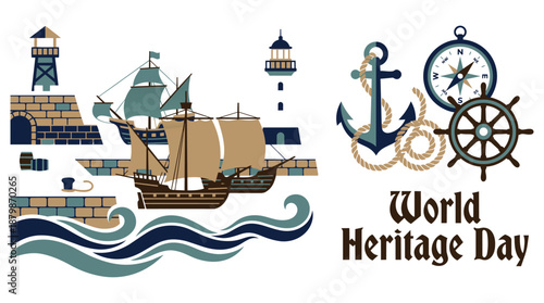 Vintage nautical elements celebrate World Heritage Day with sailing ship and lighthouse