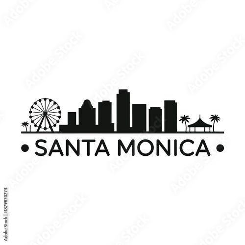 Santa monica skyline featuring a ferris wheel and palm trees graphic