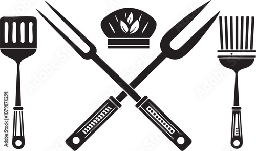 Black Vector Silhouette Set of BBQ Tools  Minimal Monochrome Grill Icons