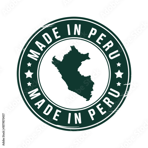 Circular badge displaying made in peru with a silhouette of peru s map
