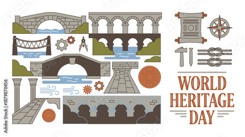 World Heritage Day icons featuring historic bridges and construction tools