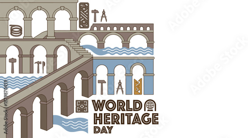 World Heritage Day celebration with ancient architectural illustration