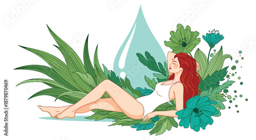 Redheaded woman in a white swimsuit relaxing among large tropical leaves and turquoise flowers with a clean water drop background.