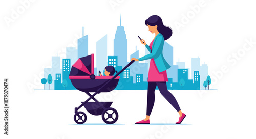 Young mother walking with a baby in a stroller through a city park with a silhouette of urban skyscrapers in the background at day.